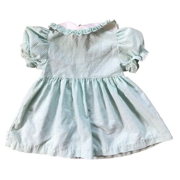 Vintage 12 Month Old Baby girl Dress Green Gingham Tulip Appliqué Lace Ruffles - Picture 5 of 6